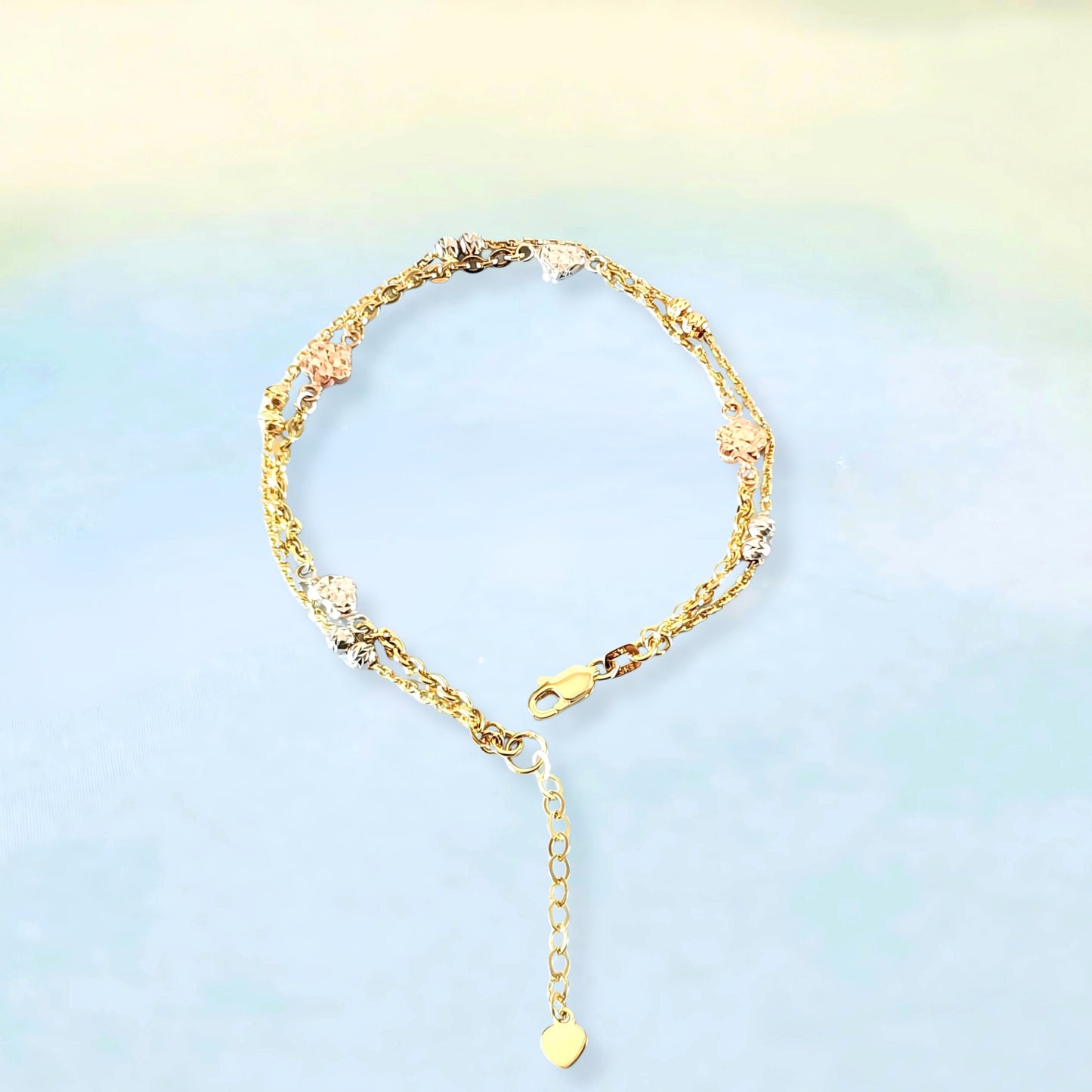 14K Tri-Color Hearts & Beads Bracelet