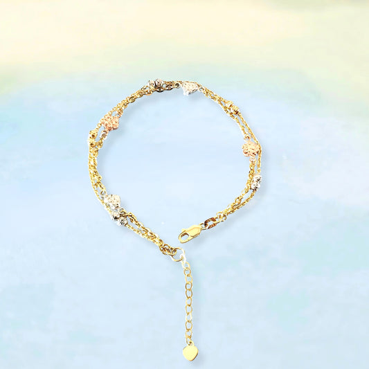 14K Tri-Color Hearts & Beads Bracelet