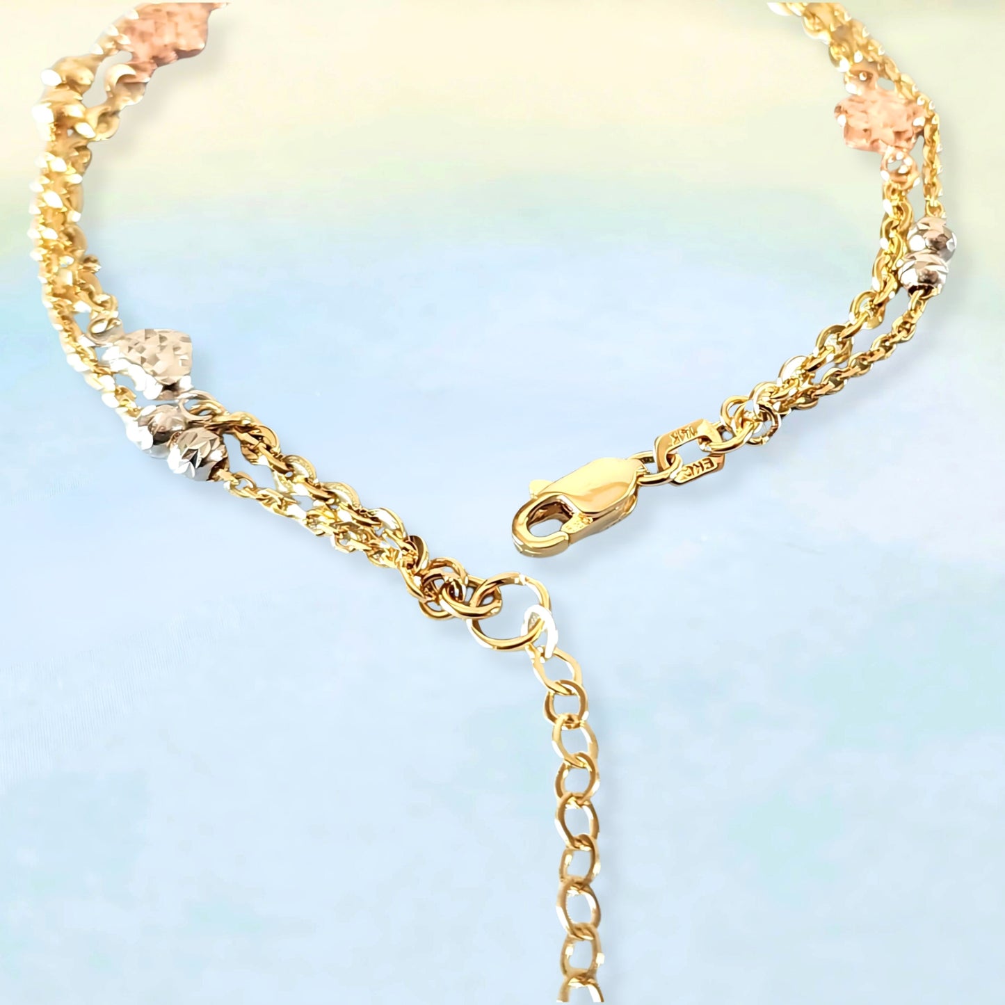 14K Tri-Color Hearts & Beads Bracelet