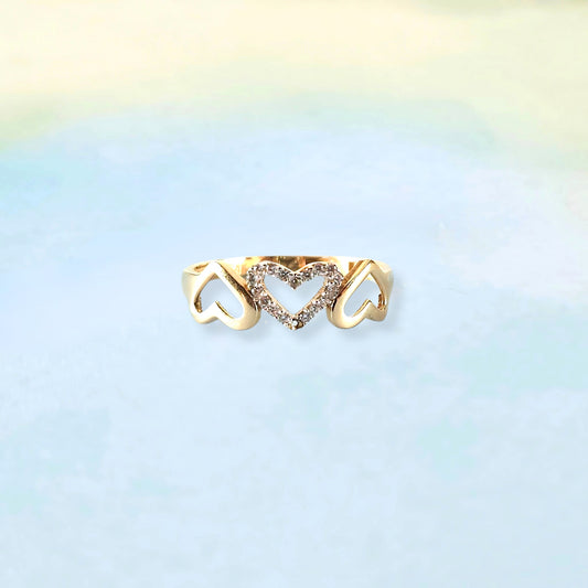 14k Three Hearts & Sparkle Ring