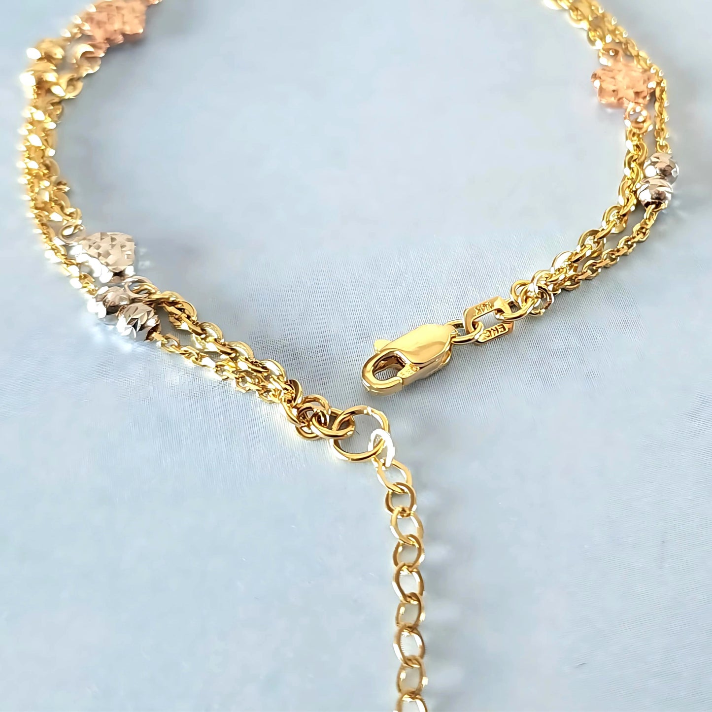 14K Tri-Color Hearts & Beads Bracelet