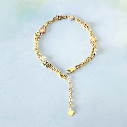 14K Tri-Color Hearts & Beads Bracelet