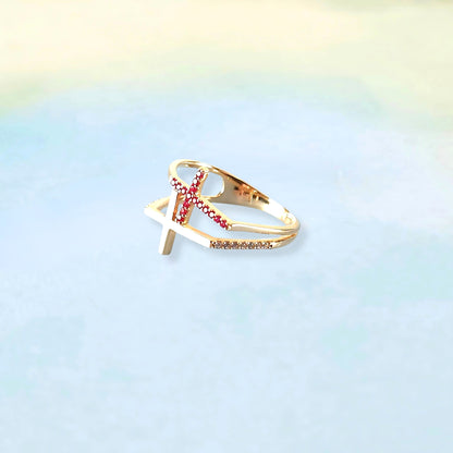 14k Double Cross Ring